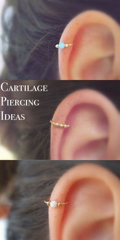 two pictures of the same ear with different types of piercings on each one side