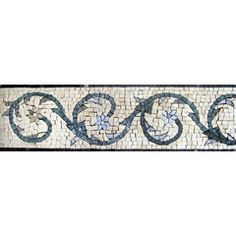 a white and blue tile border with swirls on the edges, in an ornate pattern