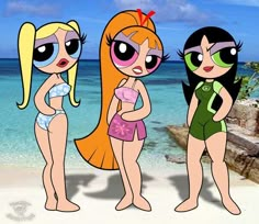 the powerpuff girls are standing on the beach with their backs turned to each other