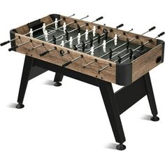 the foosball table is made out of wood and metal