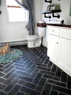 a dog laying on a rug in a bathroom