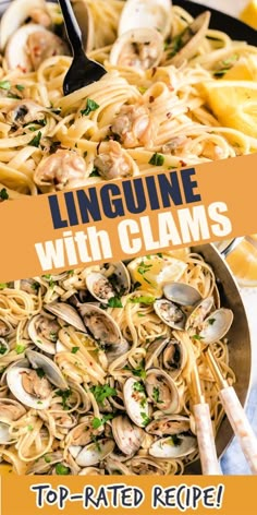 two photos of cooked linguine with clams in a pan and serving bowl. text reads "linguine with clams" and "top-rated recipe!" Linguine With White Clam Sauce Fresh Clams, Manila Clams Recipe, Linguine Vongole Recipe