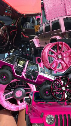 pink jeeps and other vehicles are stacked on top of each other in this collage