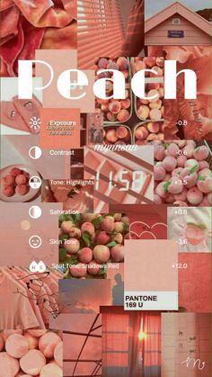 a collage of peaches with the words peach written in white and pink on it