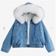 Women’s Denim Hooded Jacket With Detachable Fur Hood Trim Faux Leather Jeans, Denim Jacket With Fur, Demin Jacket, Hooded Denim Jacket, Velvet Coat, Winter Jeans, Jean Jacket Women, Blue Jean Jacket, Turndown Collar