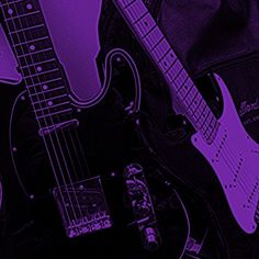 two electric guitars sitting next to each other in front of a guitar case and purple background