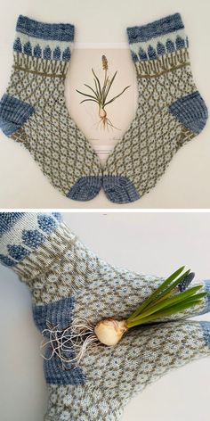 two pictures showing the different ways to knit socks with plants in them and how they are made