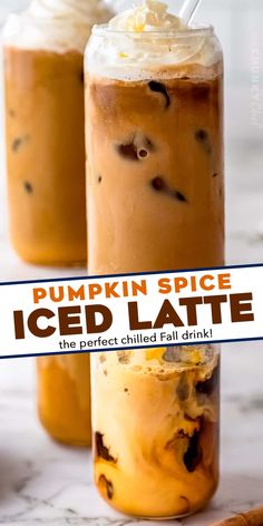 pumpkin spice iced latte recipe in two jars with cinnamon sticks and cinnamon stick on the side