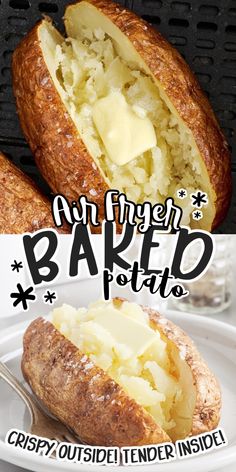 an image of baked potato bread with butter on the top and another photo of baked potato bread in the middle