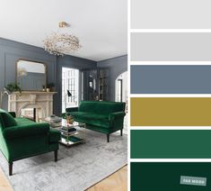 a living room with green couches and gray walls