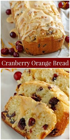 cranberry orange bread with icing and raisins on the top is shown