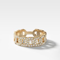 There is so much to admire about this ring: its glimmering round cut diamonds, its graceful linked metal loops, and its master craftsmanship. It is wider than other stackers, but looks sophisticated paired with thinner rings as well. 6.0 mm band 0.25 carats total available in rose, yellow and white gold Luxury Chain Ring With Diamond Accents, Stackable Diamond Chain Ring, Elegant Stackable Link Chain Ring, Diamond Chain Link Ring In White Gold, Elegant Diamond Chain Link Ring, White Gold Diamond Chain Link Ring, Diamond Ear Cuff, Emerald Diamond Ring, Round Diamond Ring