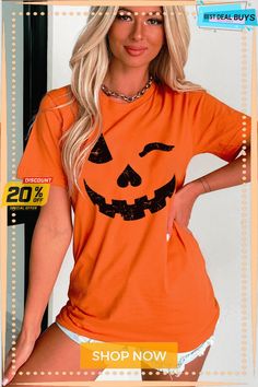 Orange Halloween Pumpkin Face Print Crew Neck T-shirt Lisa Fischer, Pumpkin Face, Face Print, Pumpkin Colors, Romper Outfit, Color Naranja, Pumpkin Faces, Mein Style, Halloween Projects