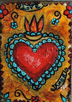 a painting with a red heart on it's side and an ornate border around the edges