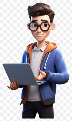 a man with glasses holding a laptop computer, transparent background png clipart image