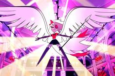 an animated character with wings on her head and arms, standing in front of a stage