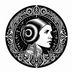 a black and white drawing of a woman's face in a circle with stars