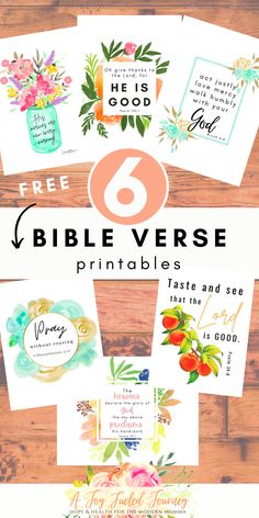 the 6 bible verse printables are on display in front of a wooden table