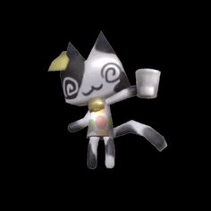 an animated cat holding a cup and saucer in it's hand, on a black background