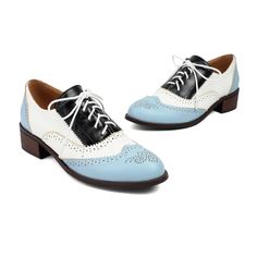 Shop Blue and White Wingtip Round Toe Lace up Dress Flat Women's Oxford Shoes color Blue for Anniversary, Going out, Hanging out, School, Work with worldwide Free shipping & Free return. Blue Oxfords With Brogue Detailing For Spring, Blue Round Toe Oxfords For Spring, Spring Blue Oxfords With Brogue Detailing, Blue Brogue Oxfords For Spring, Retro Brogue Lace-up Shoes For Spring, Blue Pointed Toe Oxfords For Office, Retro Spring Formal Lace-up Shoes, Spring Retro Formal Lace-up Shoes, Blue Round Toe Oxfords For Office