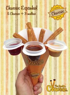 an advertisement for churros and other condiments