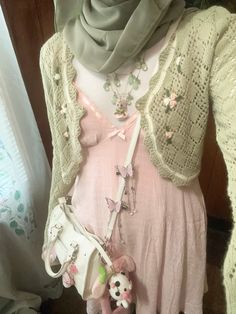 pink and green outfit 🩷 Green Pink Aesthetic Outfit, Pink Brown And Green Outfit, Ceramics Outfit Aesthetic, Light Pink And Green Outfit, Pastel Pink And Green Outfit, Modest Shoujo Outfits, Sage Green Cardigan Outfit, Pink And Green Kawaii, Springcore Outfits