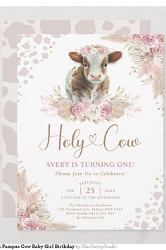 a baby cow is surrounded by pink flowers and gold foil on it's birth card