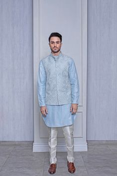 Light Blue Indian Outfit, Blue Indian Outfit, Indian Wedding Outfits For Men, Blue Indian Wedding, Formals For Men, Wedding Outfits Indian, Indian Wedding Suits Men, Sleeveless Kurta, Suit For Men Wedding