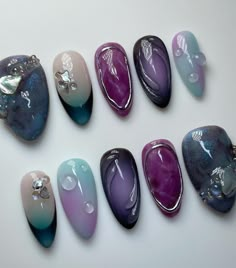 Galaxy Themed Nails, Starfire Inspired Nails, Dr Who Nails, Dark Witch Nails, Northern Light Nails, Pink And Navy Nails, Moon Nail Designs, Northern Lights Nails, Storm Nails