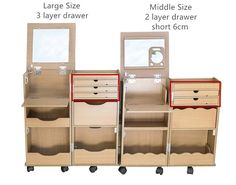 three different types of dressers on wheels with measurements for each drawer and the size