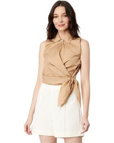 Vince Sleeveless Wrap Shirt | 6pm Chic Sleeveless Top With Tie Waist, Fitted Sleeveless Top With Tie Waist, Fitted Sleeveless Tie Waist Tops, Elegant Sleeveless Tops With Tie Waist, Summer Workwear Vest Tops, Spring Sleeveless Top With Tie Waist, Sleeveless Tie Waist Top For Spring, Sleeveless Tops With Tie Waist For Spring, Chic Sleeveless Cotton Blouse