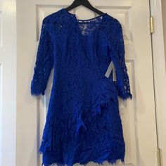 Cobalt Blue Lace Dress With Illusions Neck And Lace Sleeves Never Worn New With Tag Blue Sheath Lace Dress For Party, Spring Blue Lace Dress For Night Out, Blue Lace Dress For Spring Night Out, Blue Sheath Lace Evening Dress, Blue Lace Dress, Eliza J Dresses, Lace Blue Dress, Dresses Blue, Eliza J