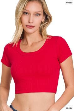 These ribbed cropped short sleeve tops are perfect for summer! They are great layering pieces and pair well with practically anything. The tops have a comfy, lightweight material and are super stretchy. TOTAL BODY LENGTH: 15", BUST: 28" approx.- MEASURED FROM SMALL fabric 62% polyester 33% rayon 5% spandex Wash Separately. Hang To Dry. No Bleach. Small 2/4 Medium 6/8 Large 10/12 Scoop Neck Crop Top, Ribbed Crop Top, Short Sleeve Cropped Top, Knit Crop Top, Knit Crop, Total Body, Party Looks, Women Clothing Boutique, Cropped Top