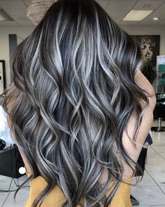 Black Hair With Grey Highlights, Best Long Haircuts, Black Hair With Highlights, Blending Gray Hair, Hair With Highlights, Gray Hair Highlights, Grey Hair Color, Haircuts For Long Hair, Red Hair Color