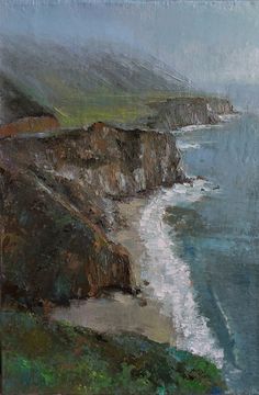 an oil painting of the ocean and cliffs