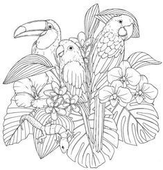 a black and white drawing of two birds sitting on top of some tropical plants with flowers