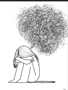 a drawing of a person with their head in his hands and a thought bubble above them