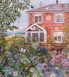 a painting of a red brick house surrounded by wildflowers and birds in the foreground