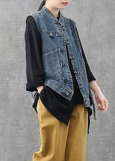 Sleeveless Jacket Outfit, Tulle Long Dress, Denim Waistcoat, Chiffon Long Dress, Retro Light, Denim Projects, Chiffon Dress Long, Comfortable Room, Sleeveless Jacket