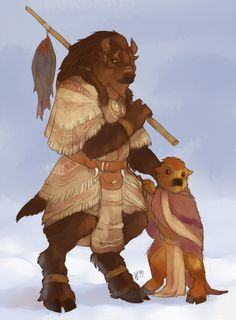 an illustration of a bear holding a stick and standing next to a dog in the snow