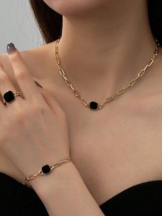 A Set Of Black Square Necklaces, Bracelets, Rings, Retro Fashion Sets Black Fashionable        Women Fashion Jewelry, size features are:Bust: ,Length: ,Sleeve Length: Office Jewellery For Women, Gold Bracelet With Ring, Bracelet Gold Women, Black And Gold Jewelry, Gold Jewellery Set, Stylish Jewelry Accessories, قلادات متدلية, Gold Jewelry Set, Modern Gold Jewelry