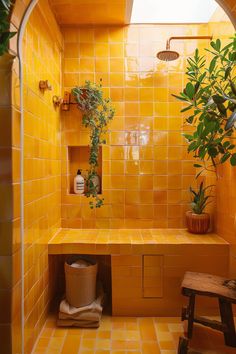 a yellow tiled bathroom with a bench and potted plant