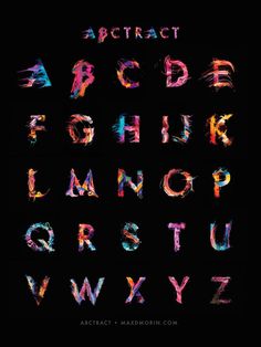 the alphabet is made up of colorful paint and letters are drawn in different colors on black paper