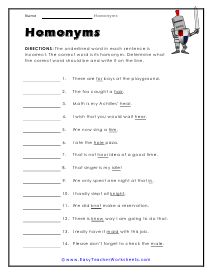 a worksheet with the words homons and an image of a robot