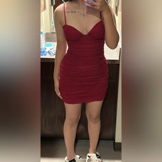 Only Tried On Once, Nwt Prefect For A Date Has Some Stretch, Recommended For S/M Open To Offers Or Bundles Red Ruched Mini Dress With Spaghetti Straps, Windsor Dresses, Spaghetti Strap Dress, Strap Dress, Spaghetti Strap Dresses, Windsor, Spaghetti Strap, Spaghetti, Bundles