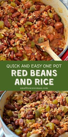 red beans and rice in a pot with the words quick and easy one pot red beans and rice