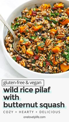 wild rice pilaf with butternut squash and hearty veggies in a white bowl