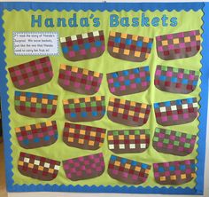 a bulletin board with different colored squares on it and the words hand's baskets