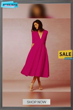 Women's Sexy Deep V Mid-sleeve Large Swing Dresses Summer Cocktail Midi Dress With 3/4 Sleeve, Fitted Half Sleeve Maxi Dress For Party, Long Sleeve V-neck Dress For Summer Party, Chic Half-sleeve Midi Party Dress, Fall Party Midi Dress With Half Sleeves, Spring Stretch V-neck Evening Dress, Spring Evening Stretch V-neck Dress, Chic Maxi Dress With 3/4 Sleeves For Party, Spring Evening V-neck Stretch Dress