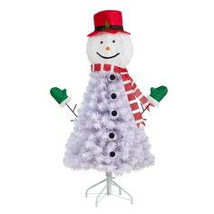 a white christmas tree with a snowman on top